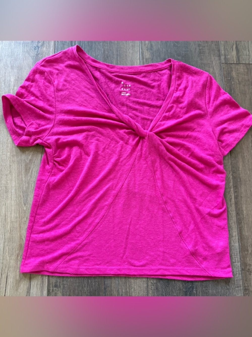 a new day Fuchsia dk pink Twist-Front V-Neck Short Sleeve Top large nwot